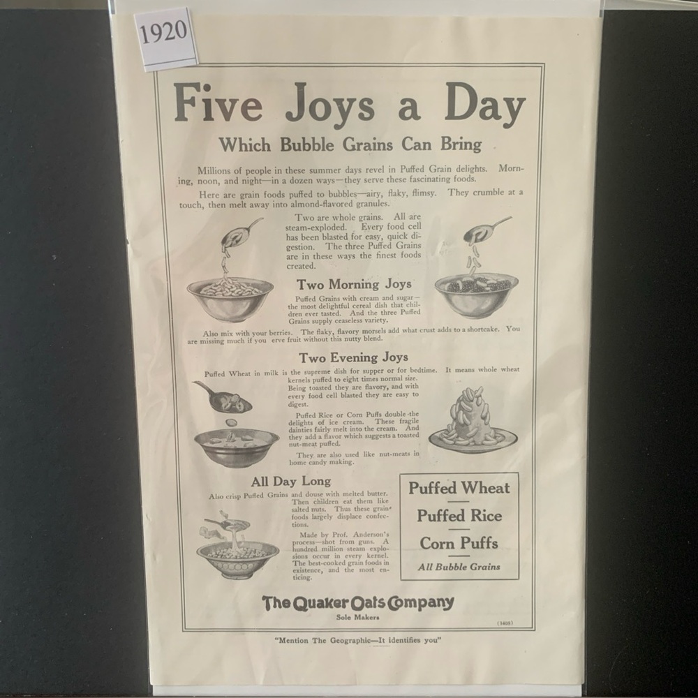 Vintage 1920 Quaker Oats Company Five Joys a Day Ad Advertisement